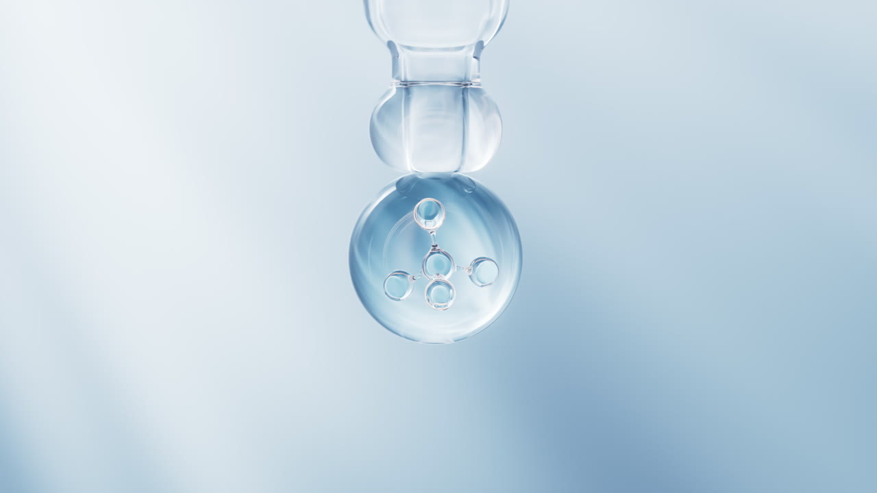 cosméticos goteo líquido y molécula química, renderización en 3d.