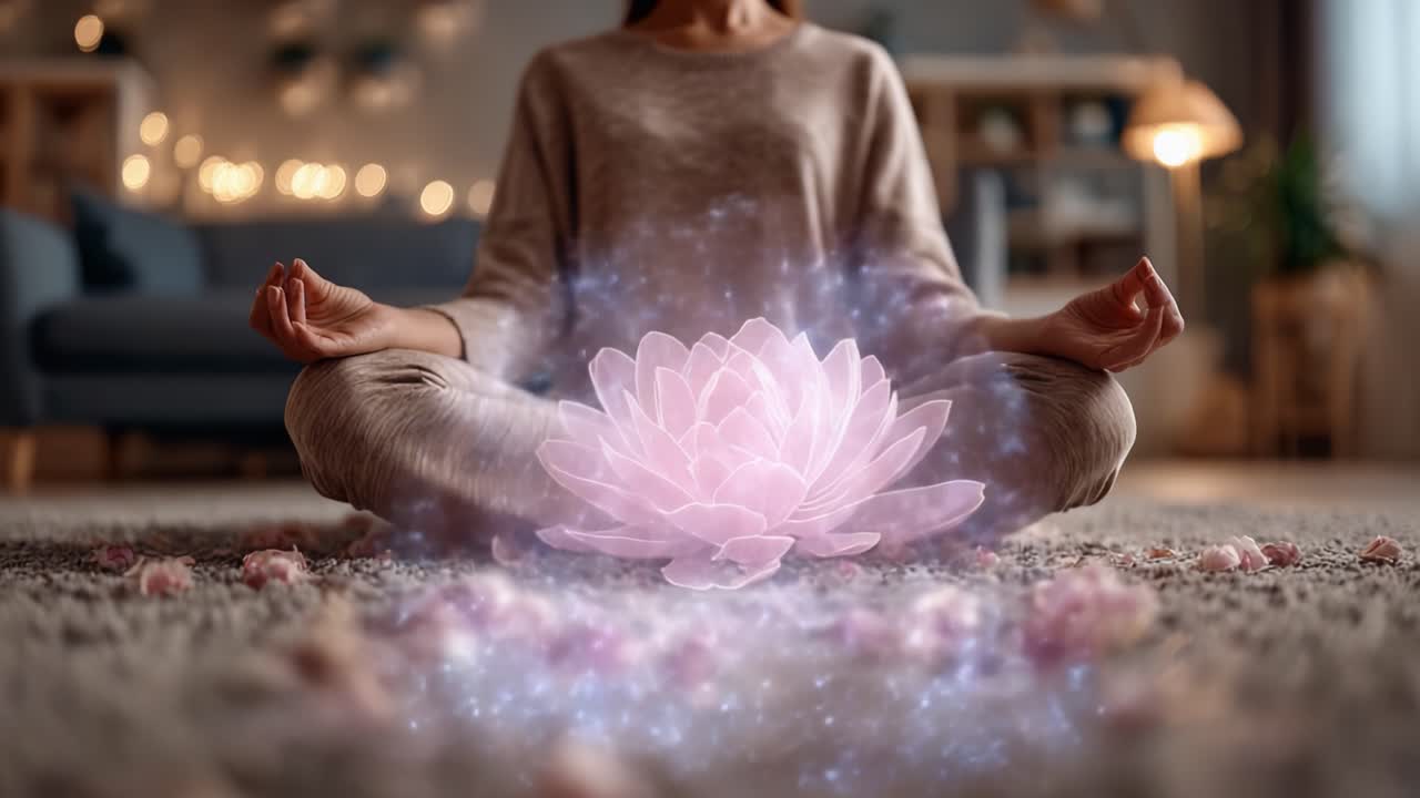 Sakin bir meditasyon anı: Yumuşak bir zeminde bağdaş kurmuş oturan, uhrevi bir ışık ve barışı, uyumu simgeleyen parlayan pembe bir nilüfer çiçeğiyle çevrili bir kişi.
