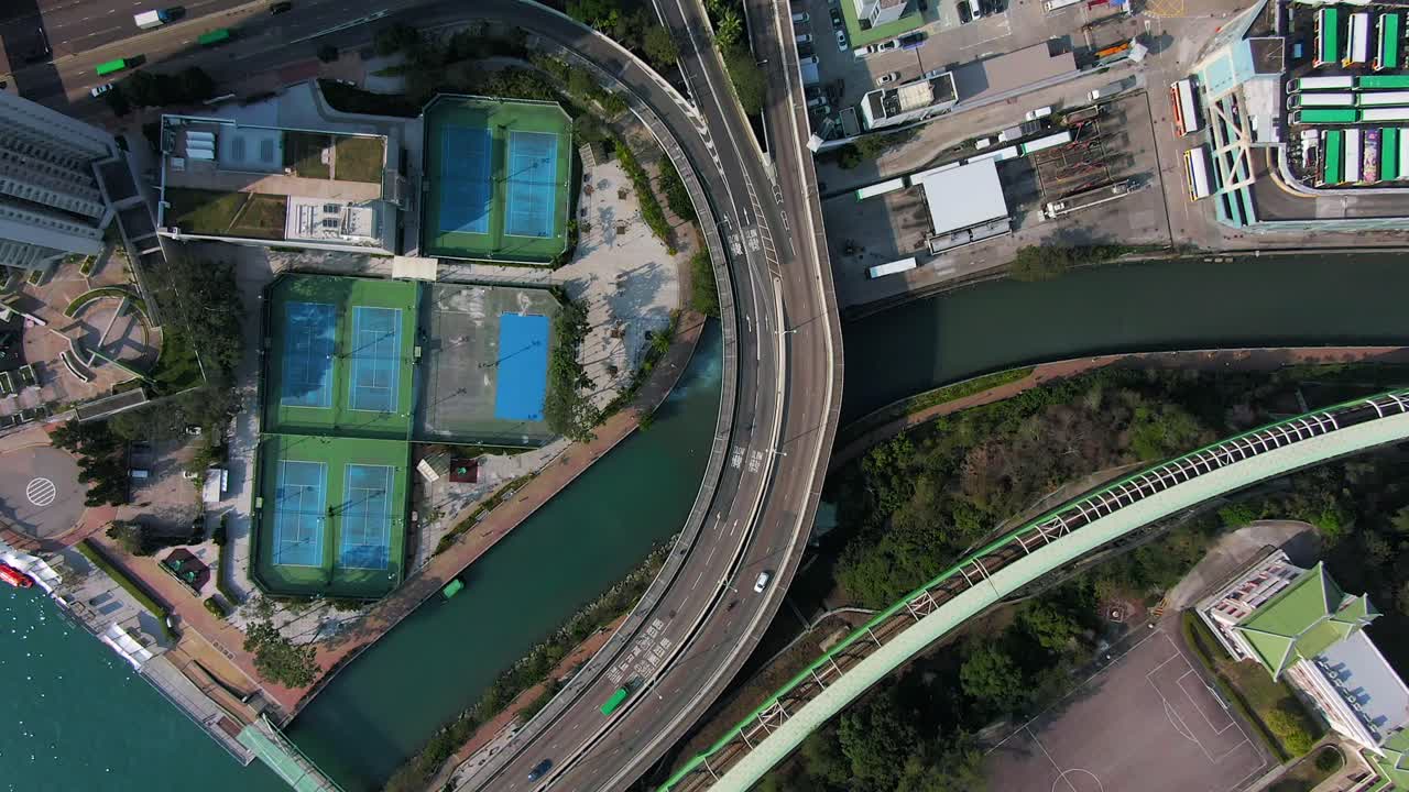 Traffic on a Hong Kong bay bridge, Top down descending aerial footage.