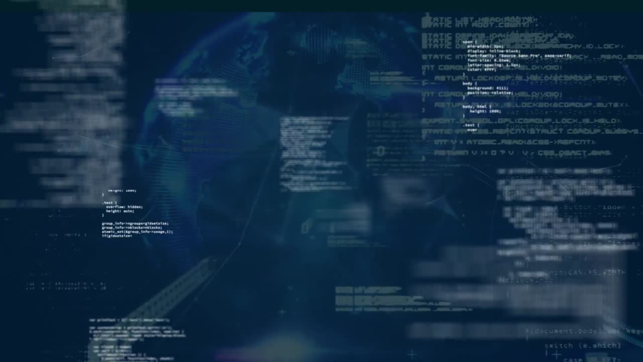 Animation of data processing and globe on blue background
