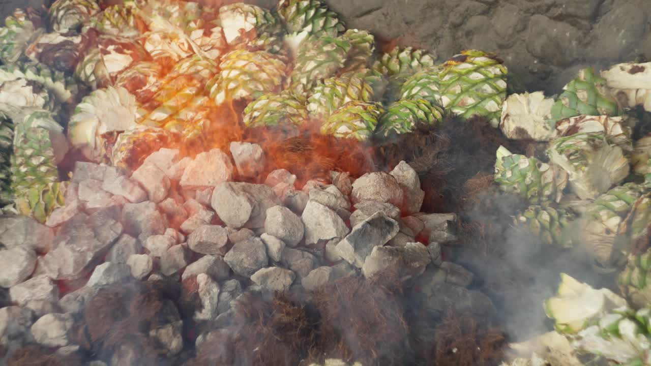 SLOW MOTION SHOT OF AGAVES FALLING INTO THE FLAMES OF AN AGAVE OVEN AT OAXACA DISTILLERY