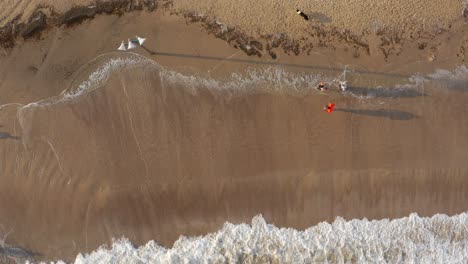 aerial view of a beach with people and waves