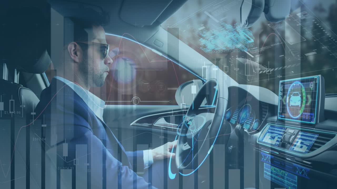 animación de la interfaz que muestra las estadísticas y las pantallas de información con el hombre en el coche de conducción autónoma