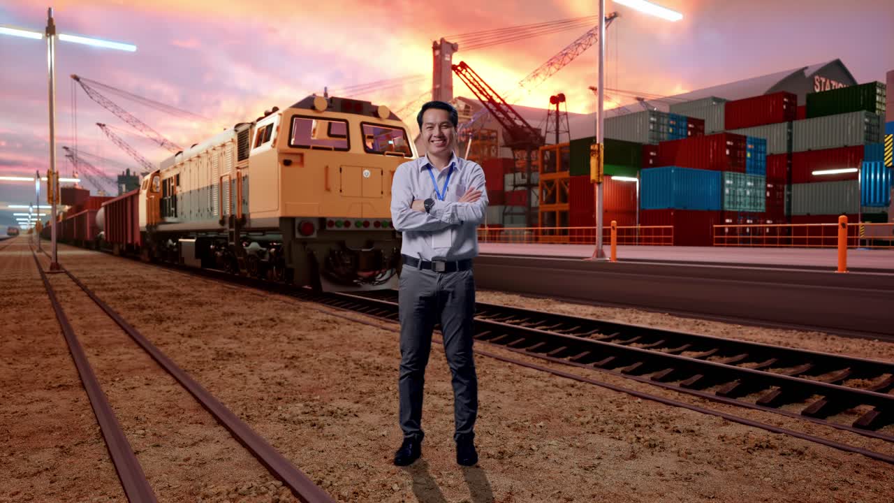 Full Body Shot Captures Of Asian Male Professional Worker With Freight Cargo Train At Port, His Broad Smile At The Camera And Cross His Arm Over His Chest