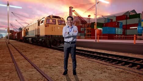 full body shot captures of asian male professional worker with freight cargo train at port, his broad smile at the camera and cross his arm over his chest