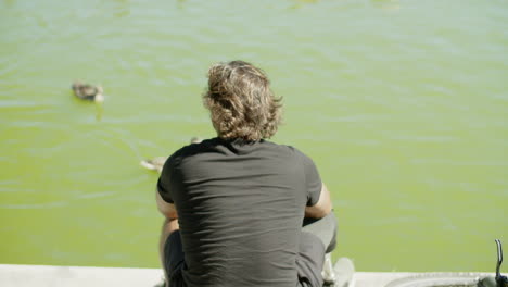 back view of man with bionic leg watching ducks in pond in park