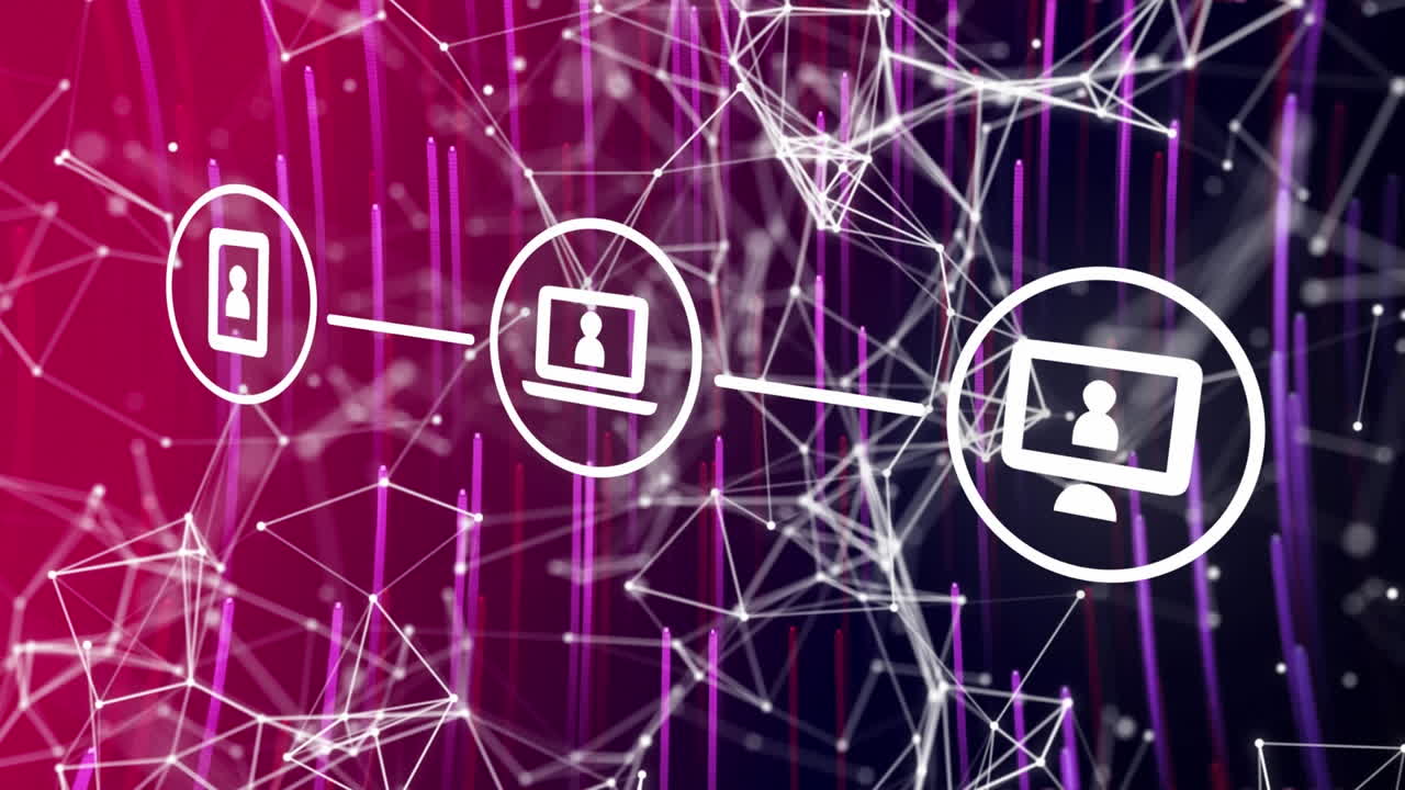 animación de la red de conexiones con iconos en un fondo púrpura en movimiento