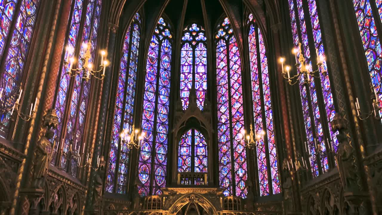 Beautiful Stained Glass Windows And Gothic Interior Architecture Of Paris Saint Chapelle - tilt up shot