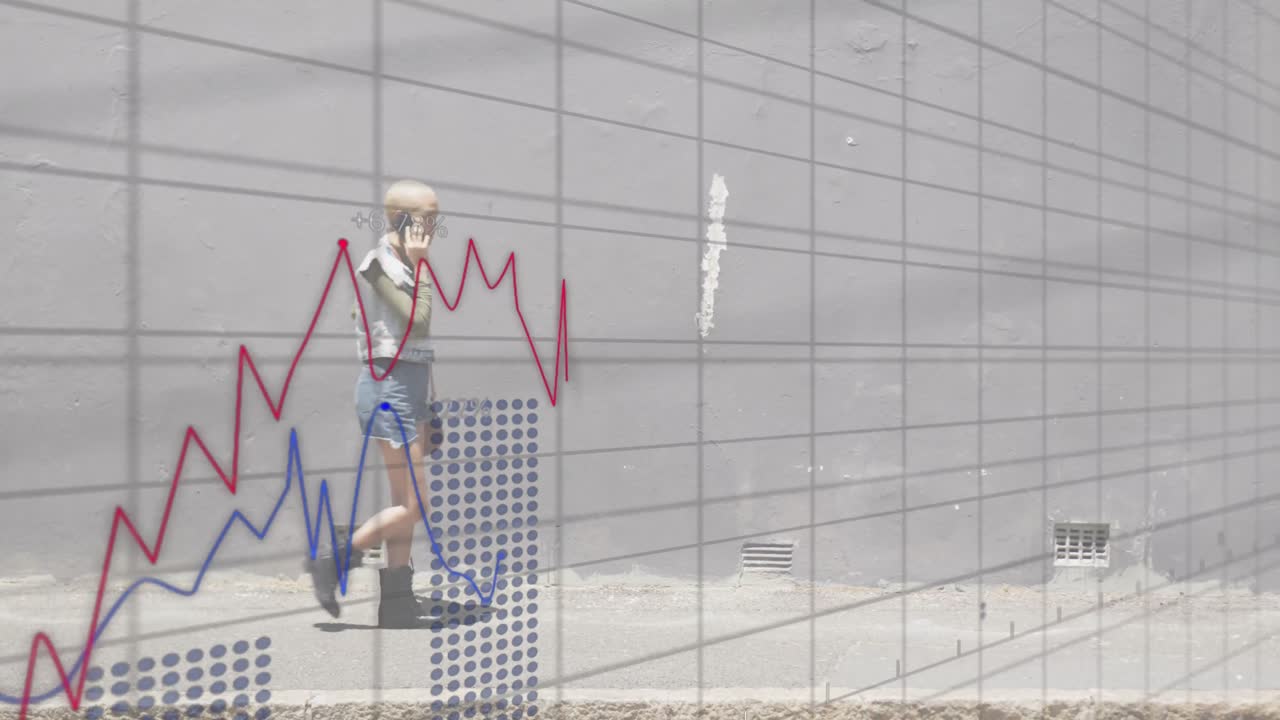 Animation of data processing over african american businesswoman walking and talking on smartphone