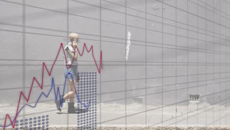 animation of data processing over african american businesswoman walking and talking on smartphone