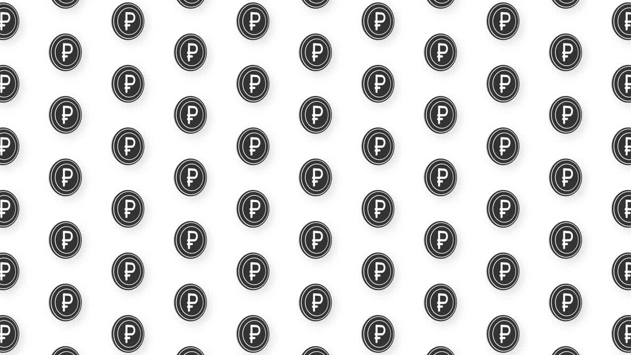 Animated Flat Black Ruble Cryptocurrency Coin Video Seamless Pattern Background. 4k