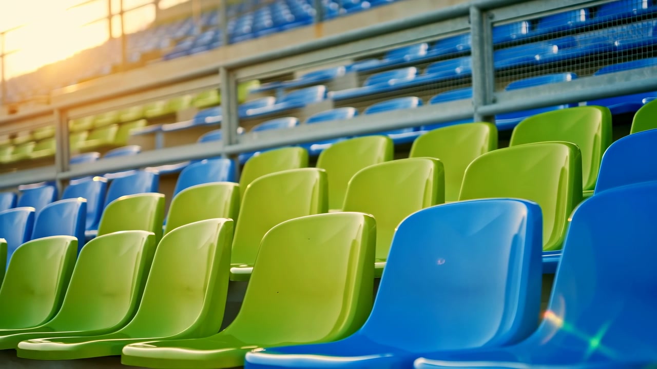 A side view of an outdoor stadium seating area featuring blue and green seats and metal railings, set in a public space sports events and public gatherings. The neutral atmosphere.