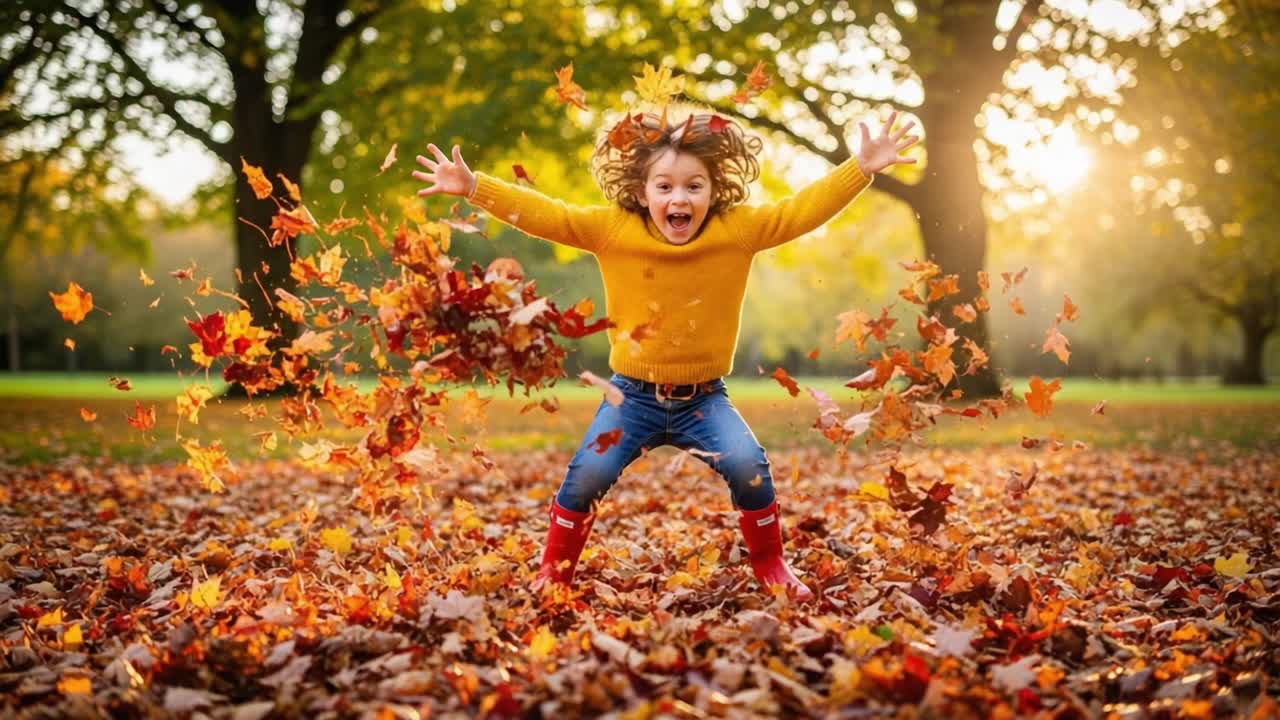 A Joyful Child Celebrating Autumn by Jumping in a Pile of Colorful Leaves, Captured in Vibrant Golden Light Against a Beautiful Natural Backdrop