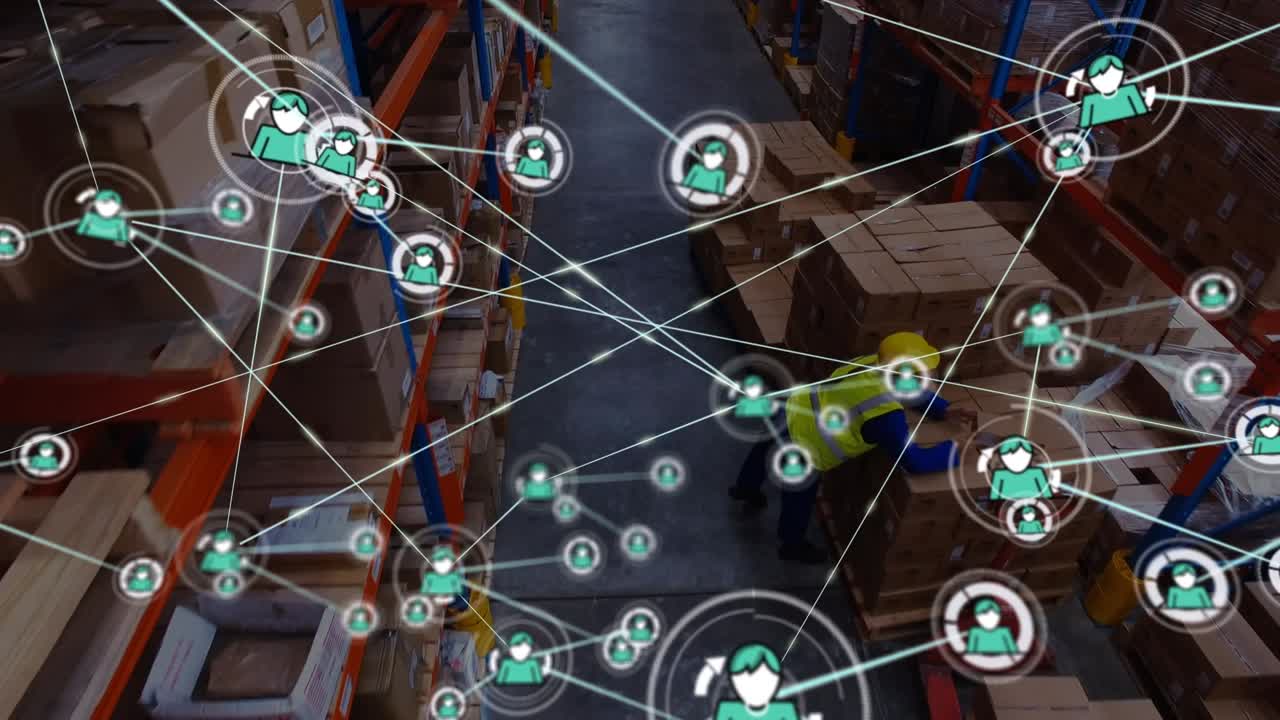 Animation of network of connections over diverse workers in warehouse