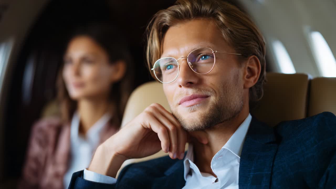 Un uomo raffinato su un jet privato di lusso: cattura momenti di riflessione e contemplazione con eleganza e stile nel lusso dei viaggi moderni, accompagnato da una donna composta sullo sfondo
