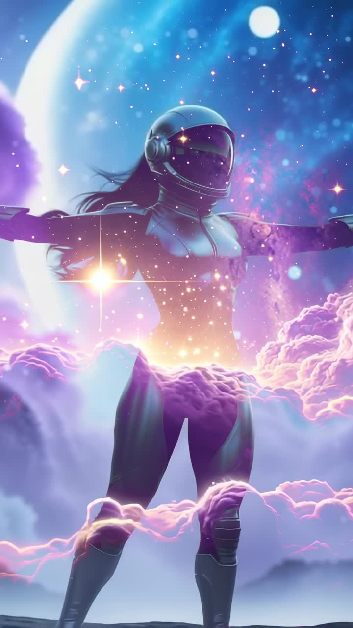 Vertical video: Purple power pulsing clouds sparking helmeted astronaut raising arms on rocky plain