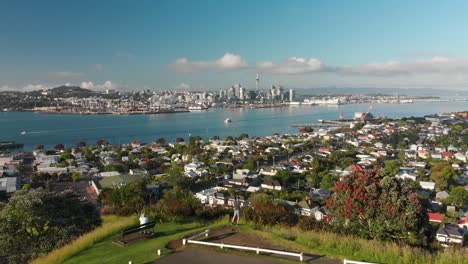 aerial shot from mount victoria of auckland skyline with sky tower, new zealand