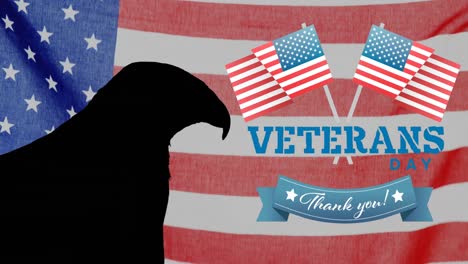 Composition-of-veterans-day-thank-you-text,-with-eagle-silhouette-and-two-flags-over-american-flag