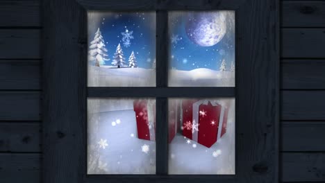 Animation-of-window-view-of-gifts-and-winter-landscape