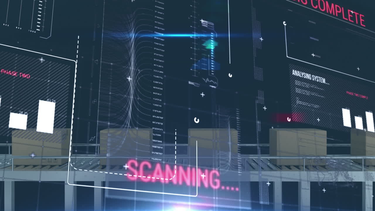 창고에서 컨베이어 벨트에 있는 카드보드 상자 위에서 통계와 데이터 처리의 애니메이션