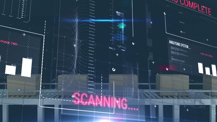 Animation of statistics and data processing over cardboard boxes on conveyor belt in warehouse