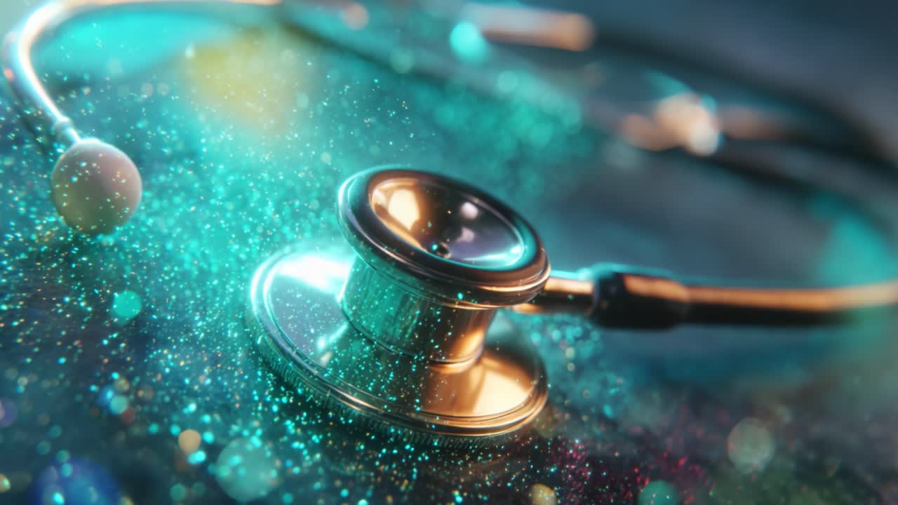 A Stunning Close-Up of a Stethoscope Surrounded by Enchanting Particles Evoking a Sense of Healing and Medical Expertise in a Vibrant, Abstract Environment