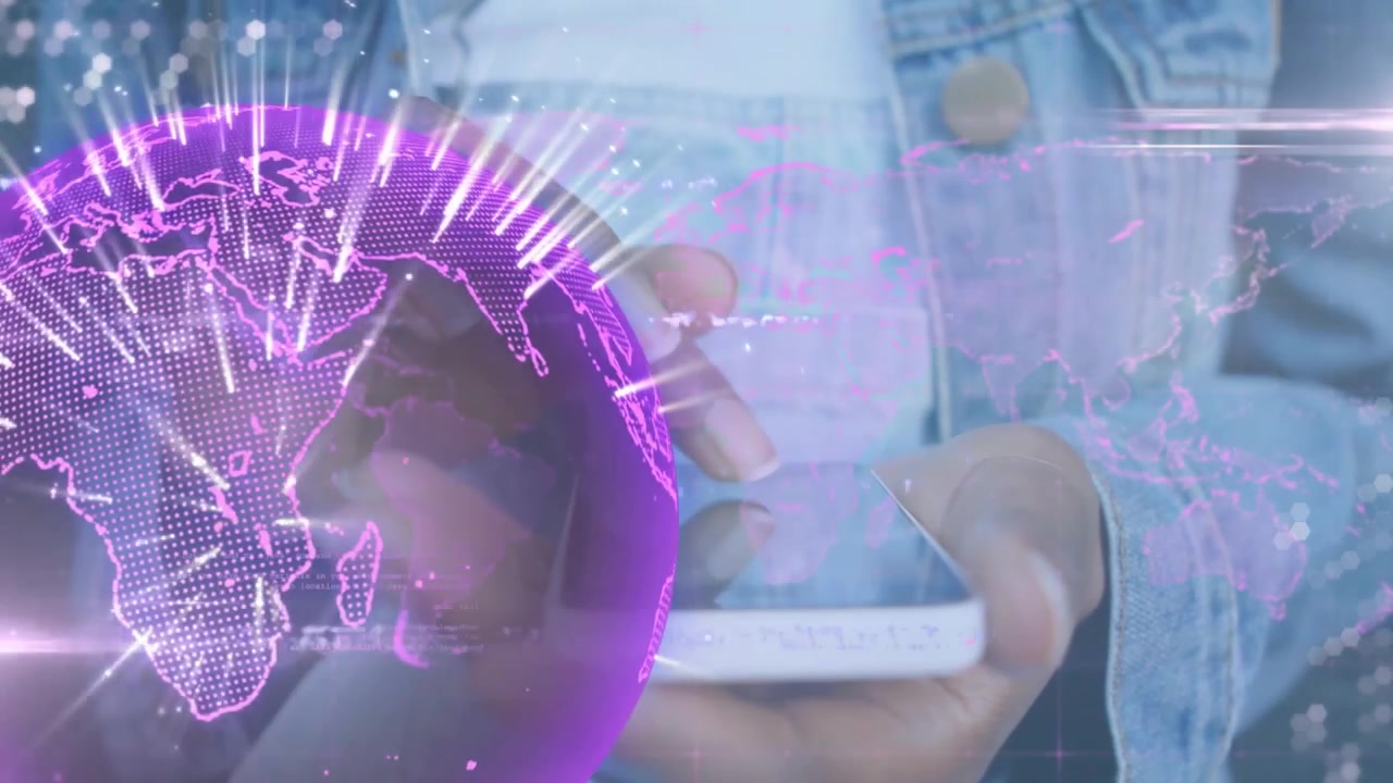 Woman's hands tapping and scrolling smartphone activating purple globe while exploring tech data