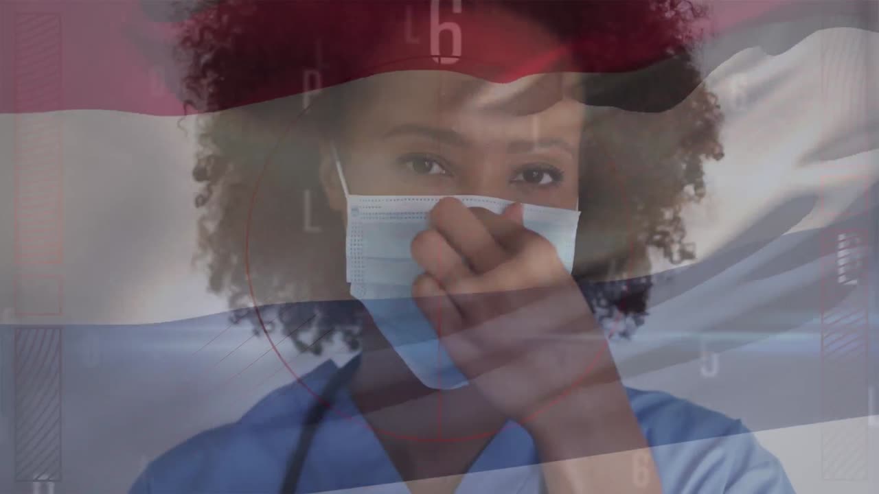 Animation of numbers and netherlands flag over african american female doctor in face mask