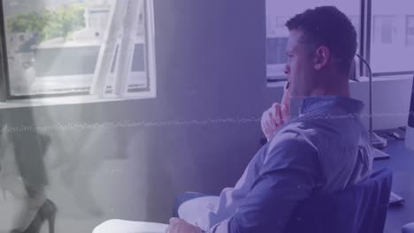 animación de un empresario caucásico en la oficina sobre la gente caminando y el paisaje urbano