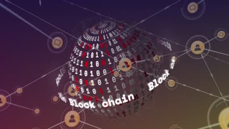 Animation-of-network-of-digital-icons-and-block-chain-text-banner-over-globe-with-binary-coding