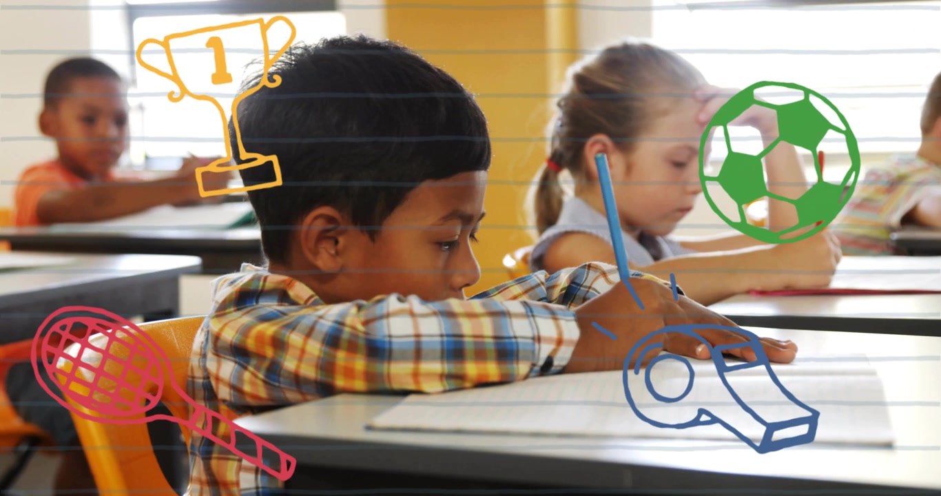 Plaid boy writing on desk, icons animating on frame overlaying lines and marking pencil for school