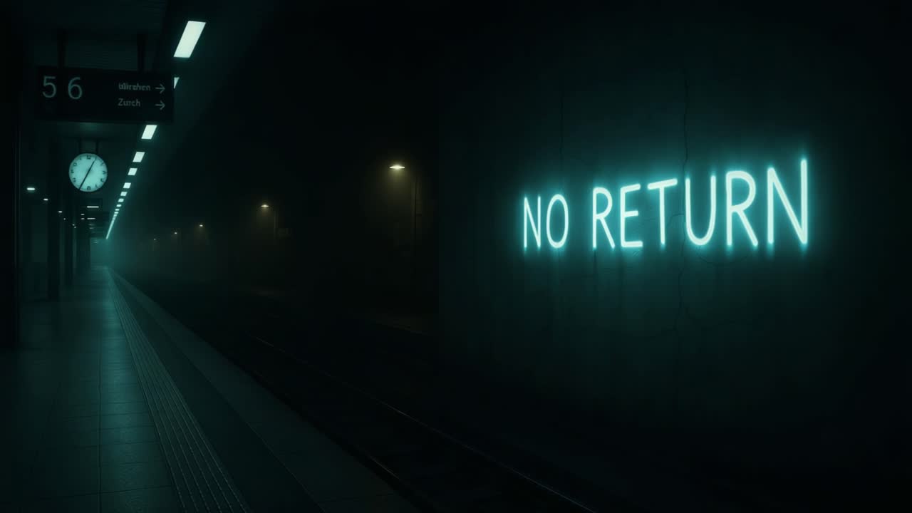 Atmospheric train station scene with neon sign illuminating foggy platform at night
