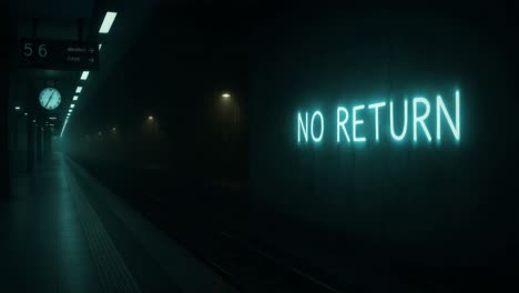 atmospheric train station scene with neon sign illuminating foggy platform at night