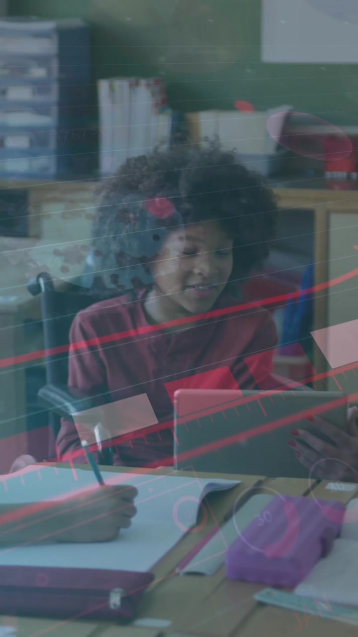 Animation of statistics and graphs over group of kids sitting in a classroom writing