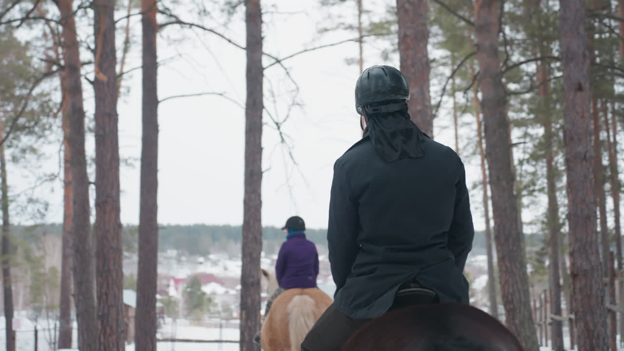 눈 덮인 소나무 숲을 여행하며, 겨울 소나무 풍경을 가로지르는 승마 여행을 떠나보세요. 기수와 동반자는 겨울 풍경 속 눈 덮인 소나무 사이를 꾸준히 이동합니다.