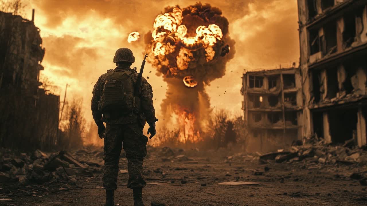 Un soldato si erge tra rovine di guerra, di fronte a una massiccia esplosione.