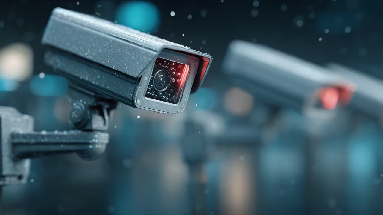 A Close-up Look at High-Tech Surveillance Cameras in a Rainy Environment Highlighting Security Measures and Monitoring Technology