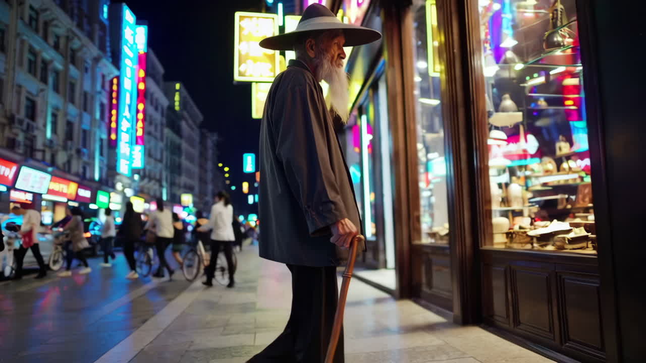Elderly Man Walking on a Night Street in China