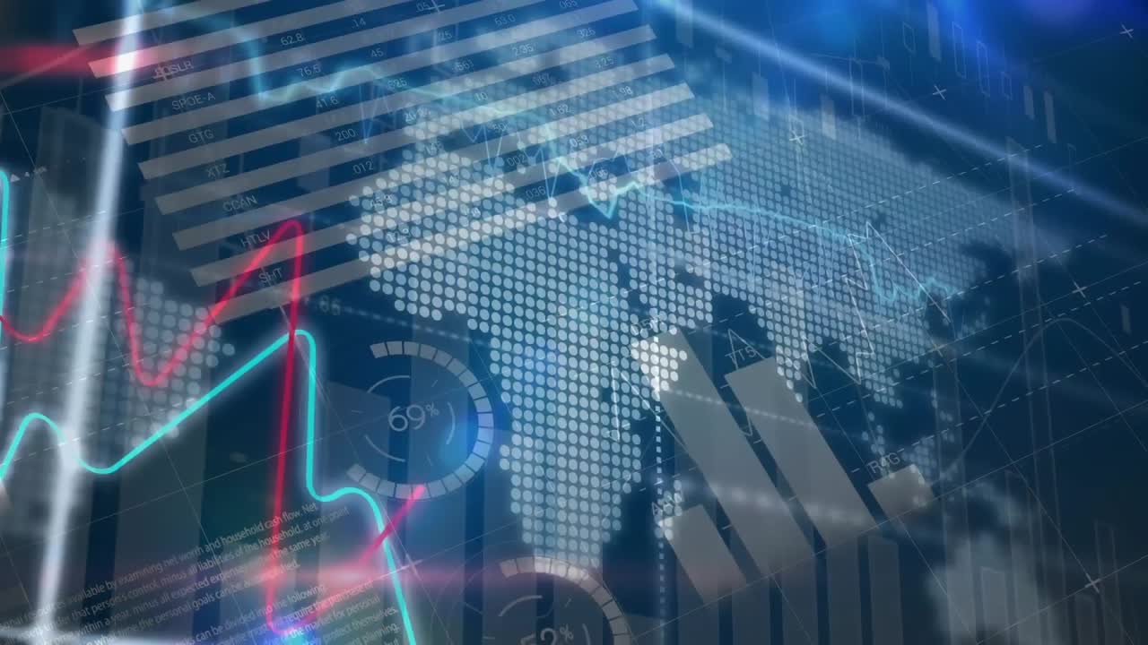 추상적인 배경에 시계, 지도 및 주식 시장 데이터를 가진 여러 그래프의 애니메이션