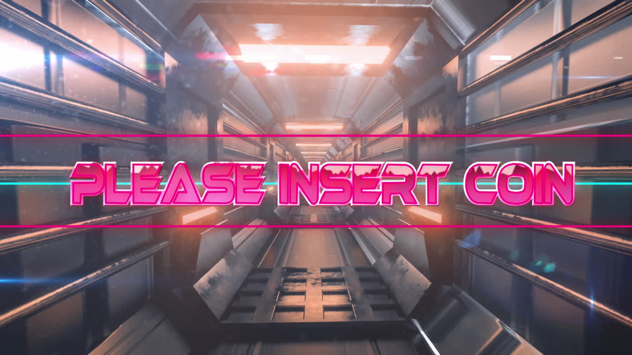 Animazione di banner con testo 'please insert coin' su un tunnel grigio in un pattern continuo.