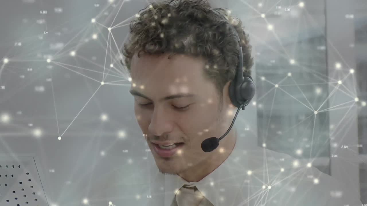 Animation of networks of connections over businessman wearing phone headset