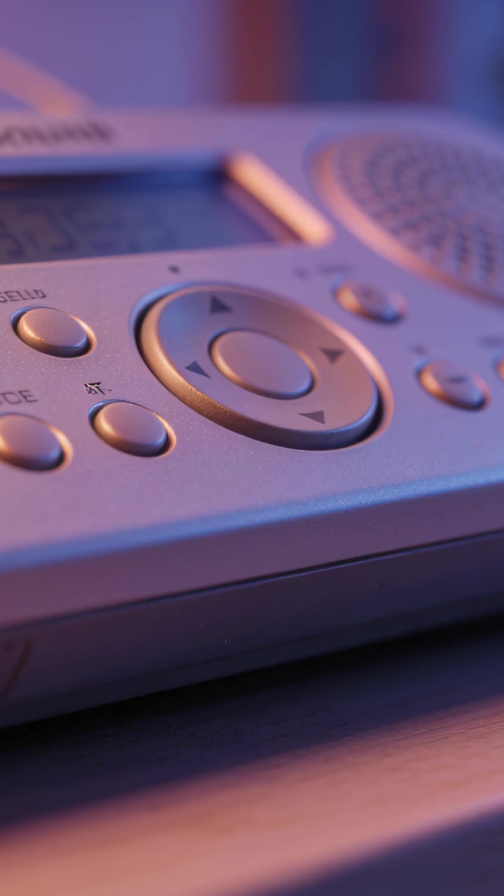 Vertical video: Holding camera closeup on phone base showing arrow pad, buttons and speaker on desk