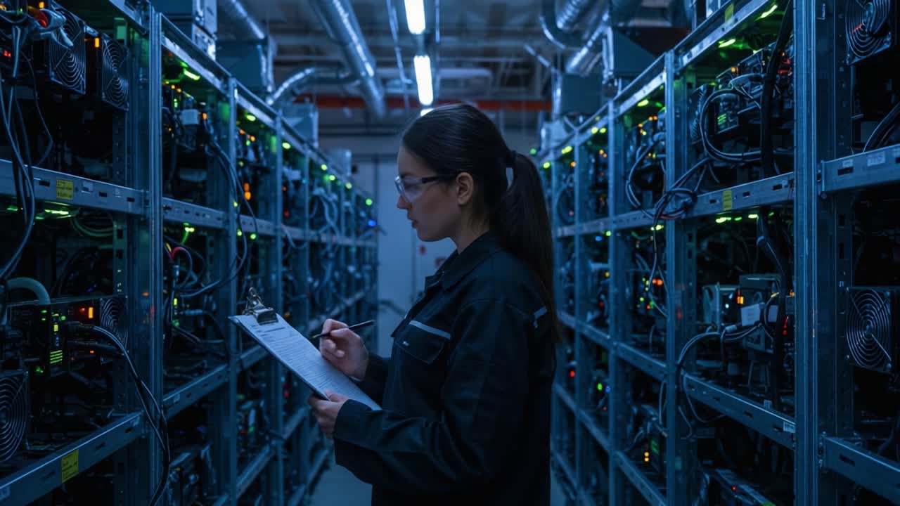 A technician inspects mining equipment in a data center, carefully monitoring the stacks of servers while taking notes on performance and operations in a high-tech environment