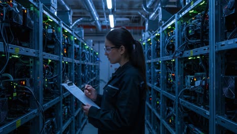 a technician inspects mining equipment in a data center, carefully monitoring the stacks of servers while taking notes on performance and operations in a high-tech environment