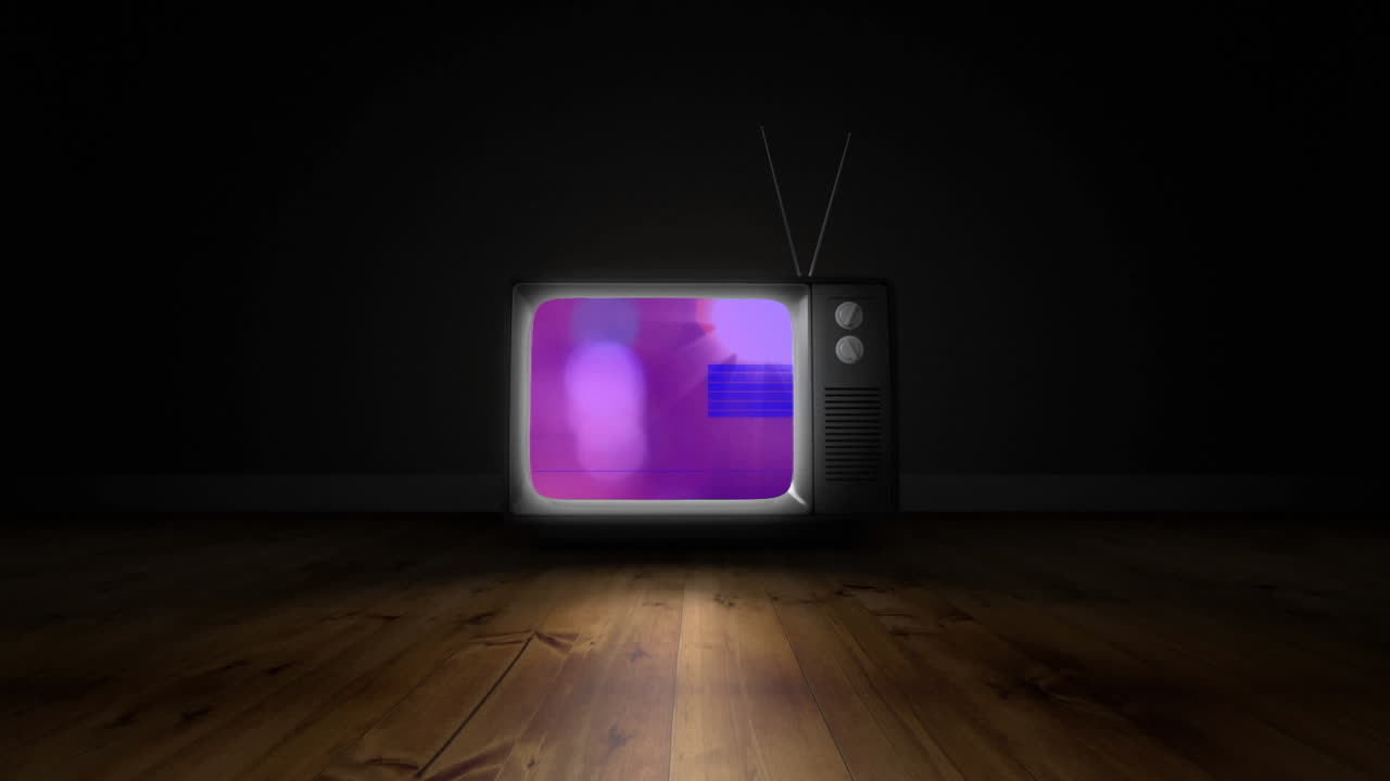 Animation of flickering colourful rectangles with glitch over purple vintage television screen