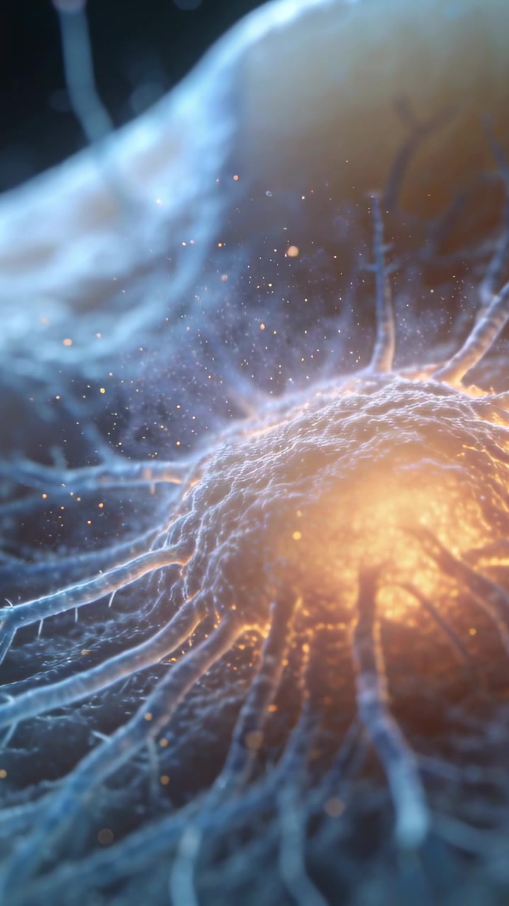Video verticale: Cellula neuronale che si illumina emettendo scintille nel tessuto, con filamenti e membrana che si muovono