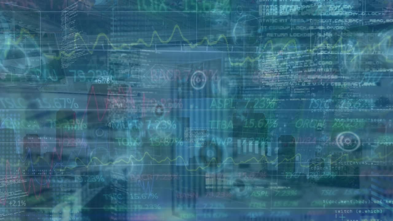 Animation of stock market and data processing over cityscape