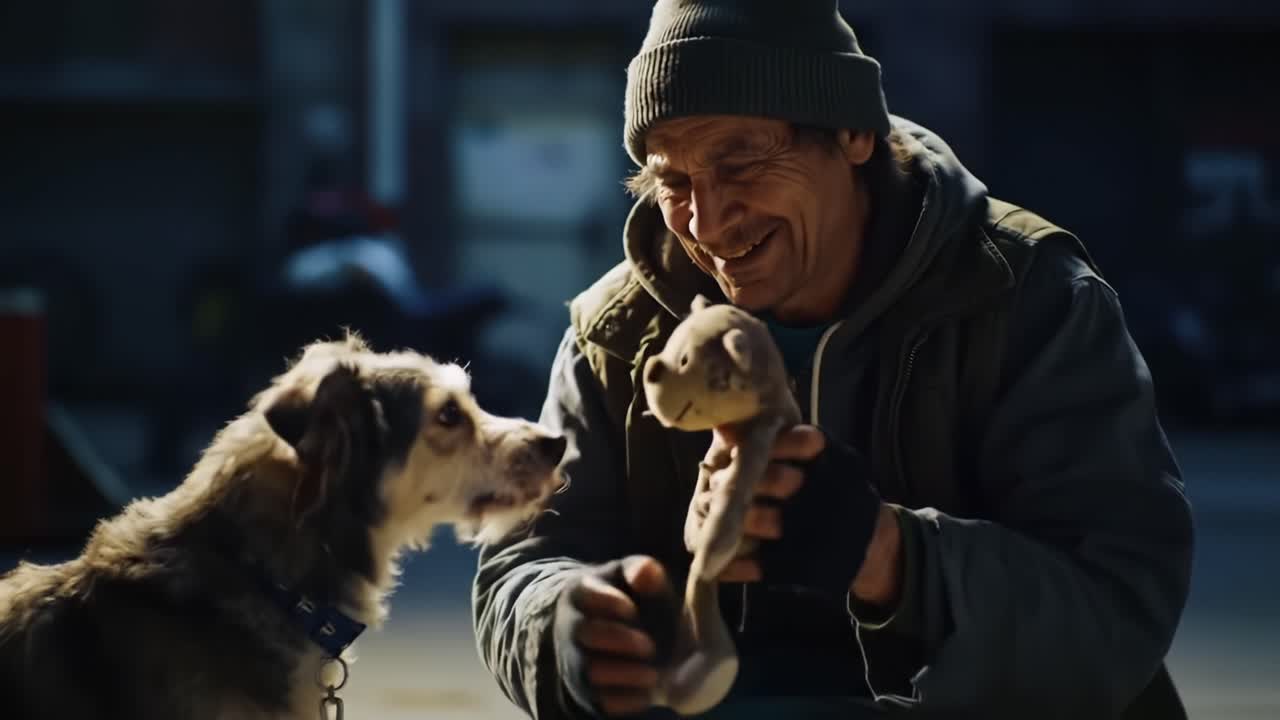 A Heartwarming Encounter: A Man and His Loyal Dog Share Joyful Moments with a Beloved Toy, Capturing the Essence of Companionship and Happiness in Their Bond