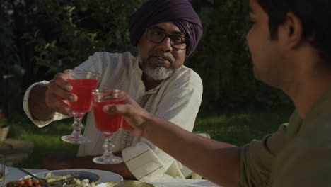 two men toasting during an outdoor meal