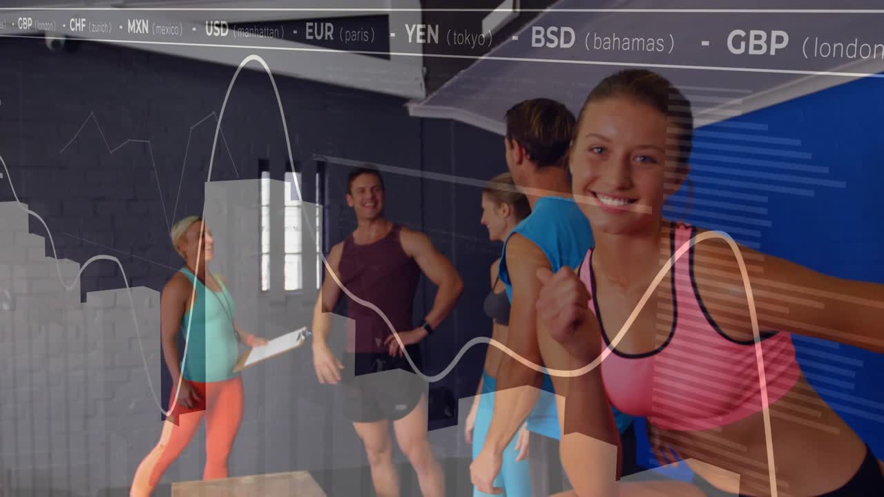 Coach signaling set end, group high-fiving, pink woman facing lens, finance data overlaying group